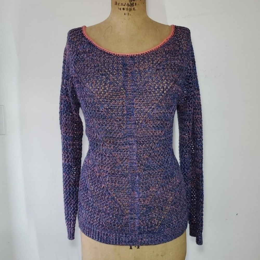 JohnPaulRichard Size L Sweater Crochet Blue Coral Loose Knit Chevron Long Sleeve